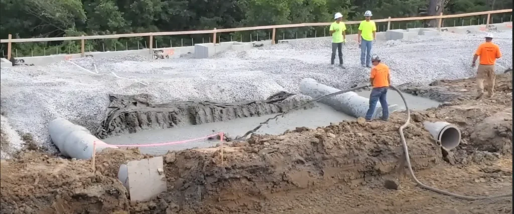 Workers installing engineered fill for tunnel pipe fills
